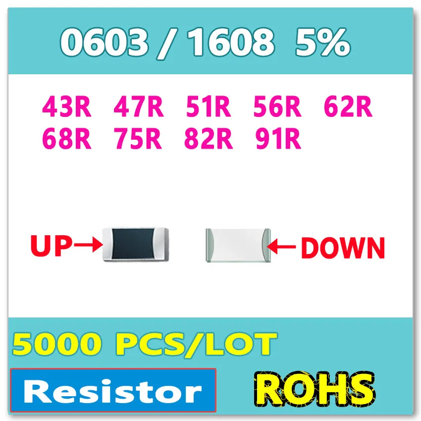 JASNPROSMA 0603 J 5% 5000 шт. 43R 47R 51R 56R 62R 68R 75R 82R 91R smd 1608 Ом Высокое качество 43 Ом 47 Ом 51 Ом 62 Ом Новый резистор