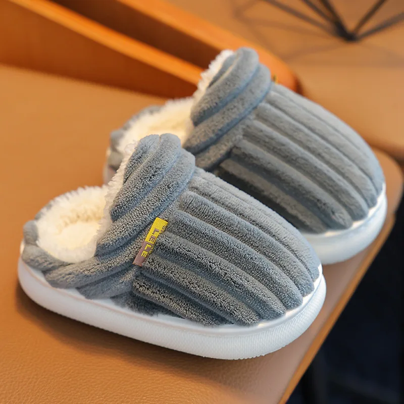 New Winter Concise Stripe Plush Slippers Children's Non-slip Soft Sole Kids Boys Girls Heel Wrap Warm High Home Cotton Shoes