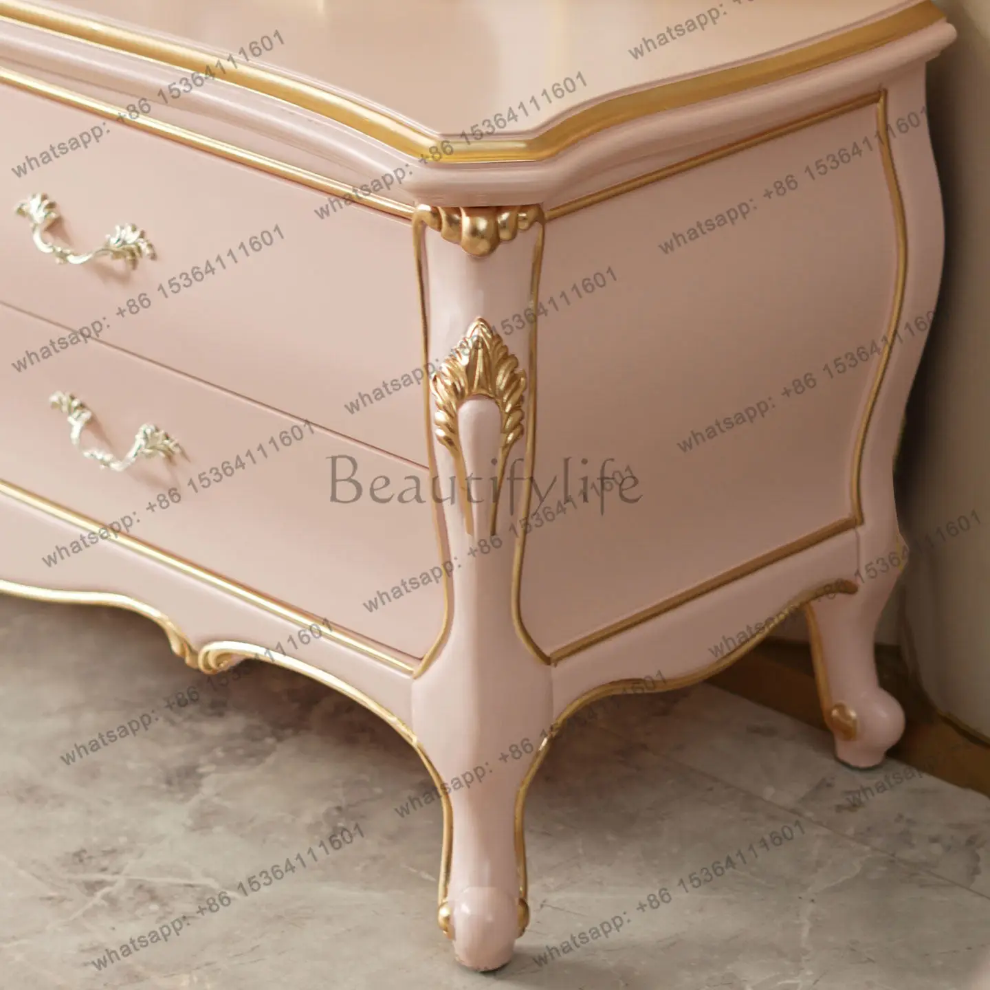 French light luxury solid wood TV cabinet palace style hall pink storage cabinet