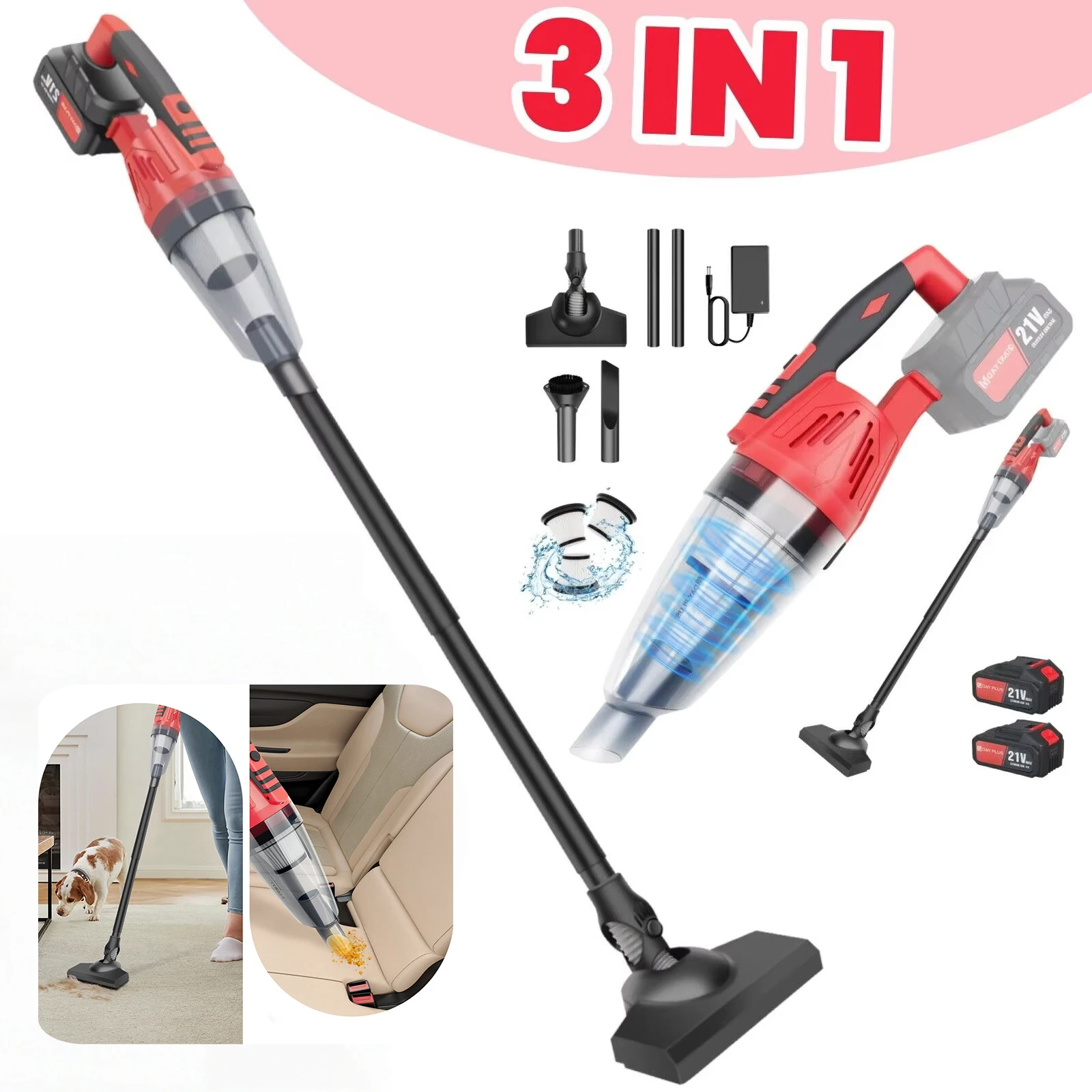 Image of BRIEFNESS Aspirapolvere senza fili 5500Pa, aspirapolvere portatile per auto 2 in 1 con luce LED, filtro HEPA lavabile per peli di animali domestici Home Office cod004