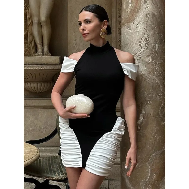 

Woman Clothing Off Shoulder Black White Patchwork Party Dress Sexy Off Shoulder Sleeveless Ruched Short Evening Dresses