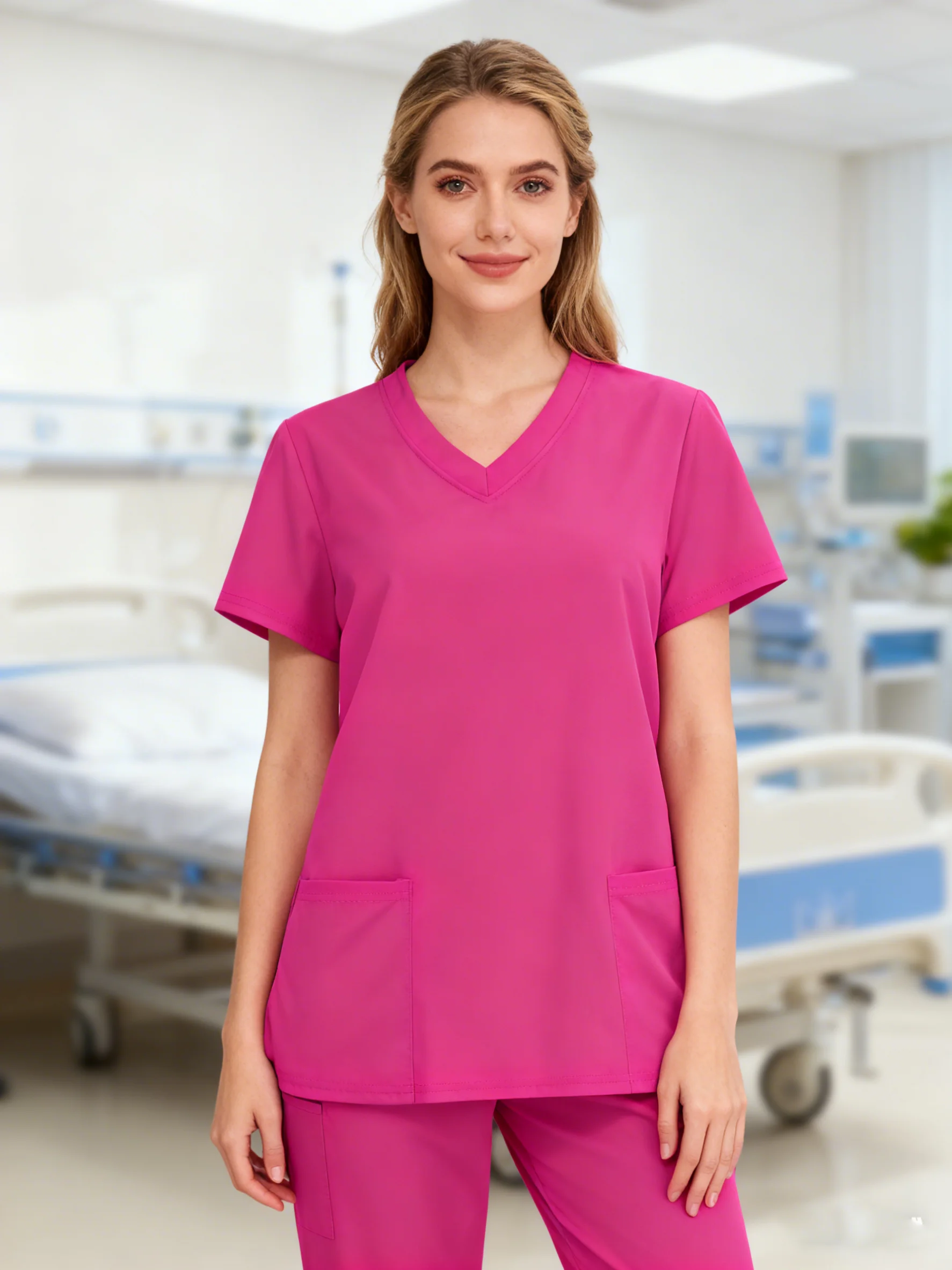 

1pcs Woven Working wear Women Nurse Uniform Long Shirts Pocket Front Tops Casual Short Sleeve V Neck Women's Clothing