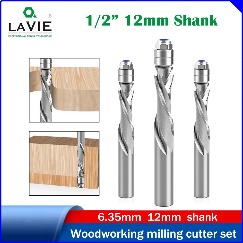 

LAVIE 1/2" 12mm Shank Spiral Router Bit,Compound Trimming Bit,Solid Carbide Woodworking Router Bit,Bearing-guided Template Bit