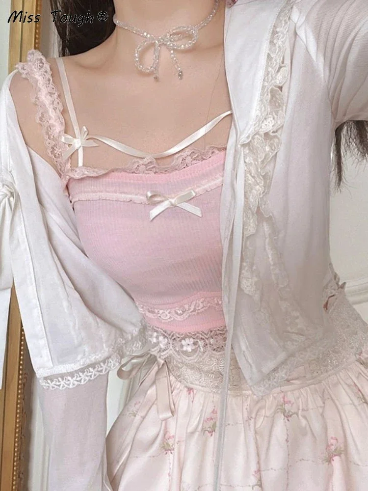 Pink Japanese Kawaii Lolita Crop Top Women White Korean College Style Sweet Tank Top Bow Lace France Princess Vset Female 2023