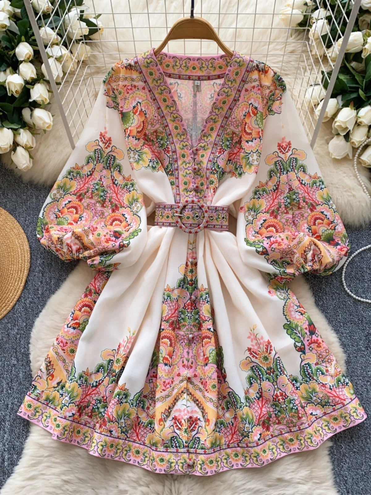 Court Sle Damen Dr Vintage V-ne Single Button Taille Cinch Lantern Sve Print Ort A-Linie Rock Koreanische Version