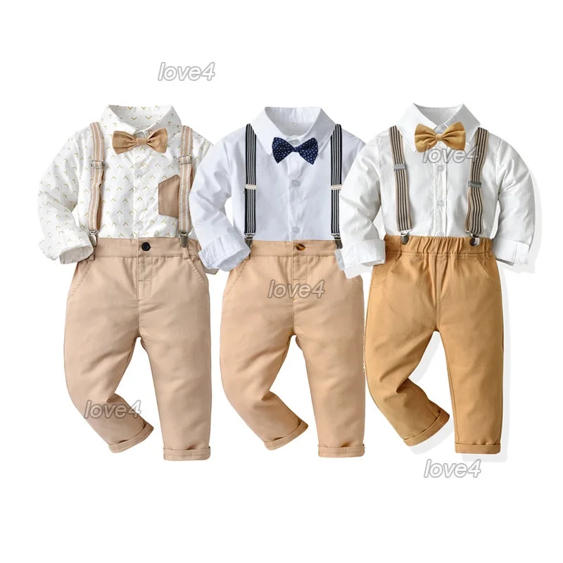 Gentleman Clothes for Kids Boy Terno 1-7 Year Old Kids Blouse + Suspender Pants Children Brown Them Wedding Suit Birthday Outfit