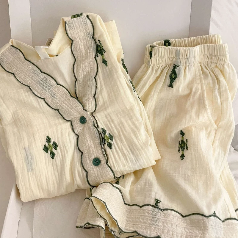 Guofeng Double-layer Gauze Pajamas Women's Short-sleeved Shorts Set New Chinese Cotton Yarn Loungewear Women's New Summer Models