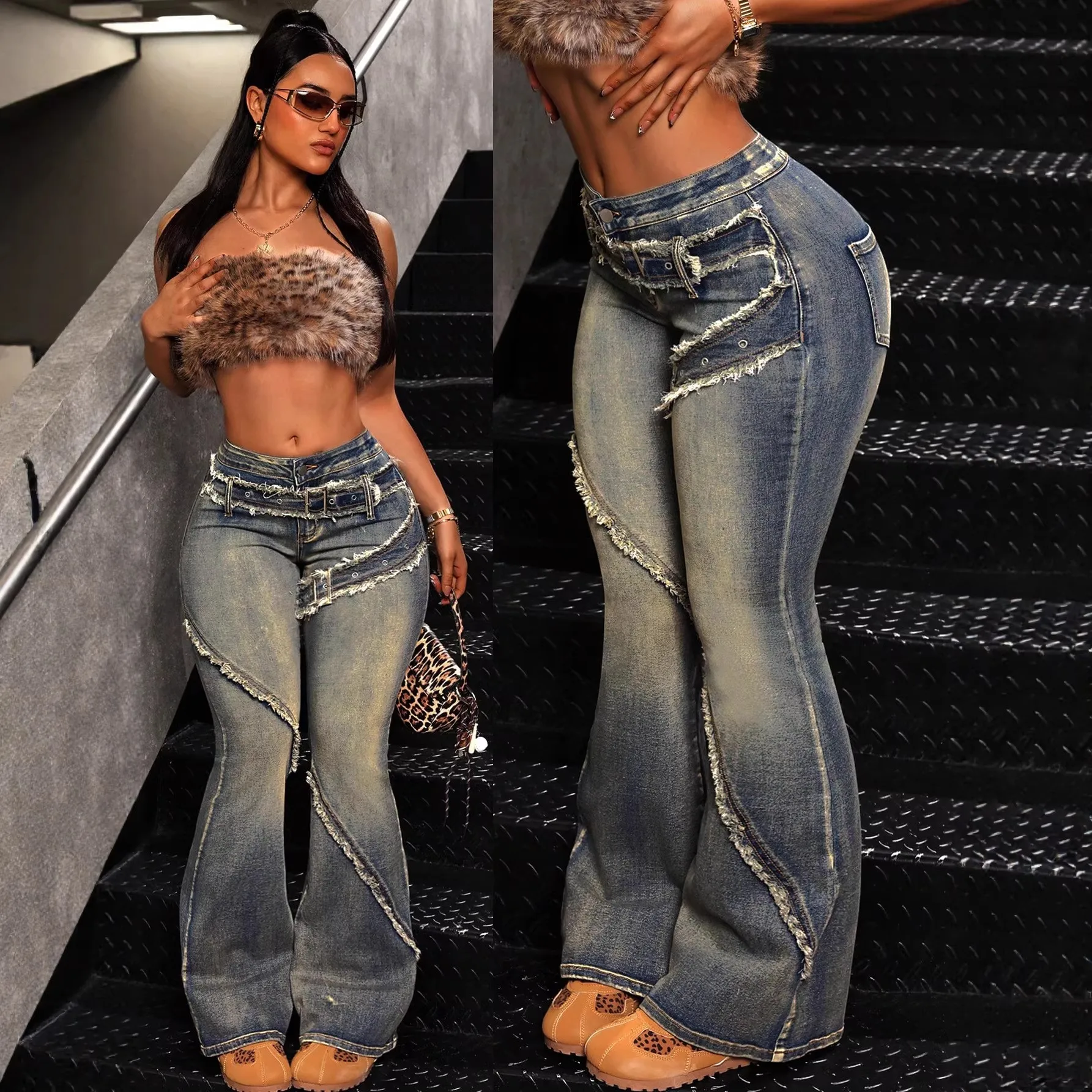 Floor Length Frayed Hem Pants Regular Thickness American European Style with Wrinkle Finish Retro Autumn Flared Jeans for Women
