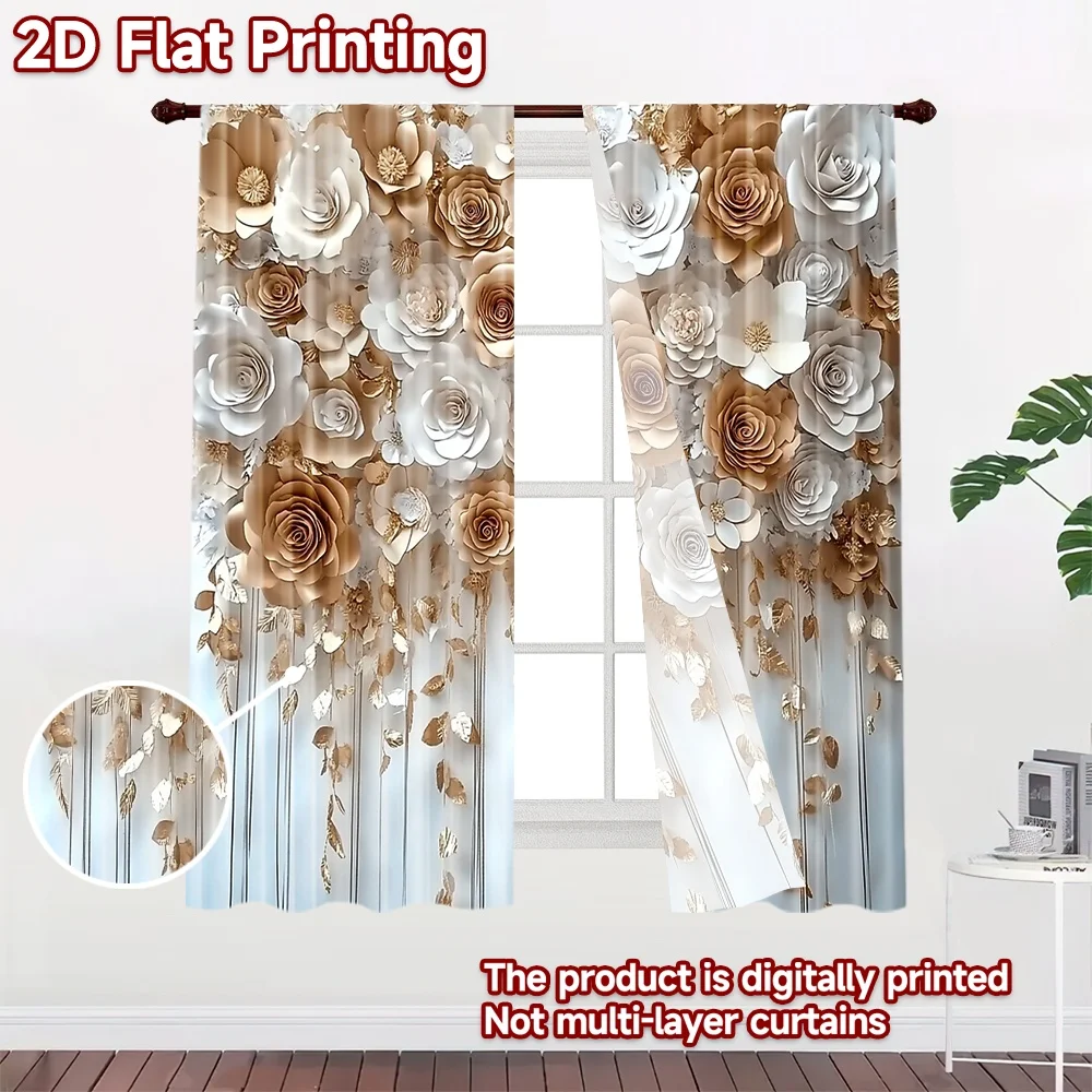 2D flat 2pcs Curtain Vintage drapes and curtains Wedding Gold White Flowers Durable polyester fiber Festive Holiday Perfect for