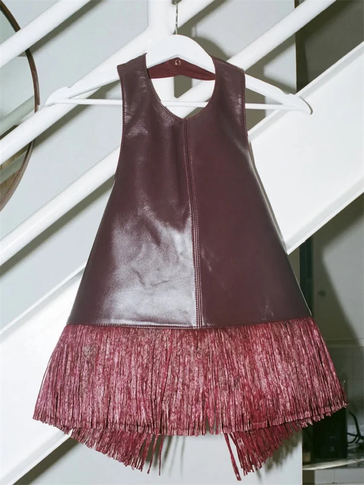 Women's Backless PU Leather Tank Top with Tassel Detail