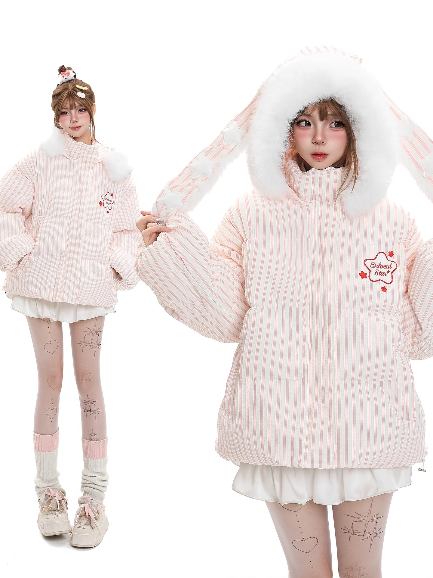 Sweet Cute Rabbit Ear Striped Embroidery Fur Collar Hooded Cotton Jacket Women Winter Loose Thick Warm Cotton Coat Outerwear