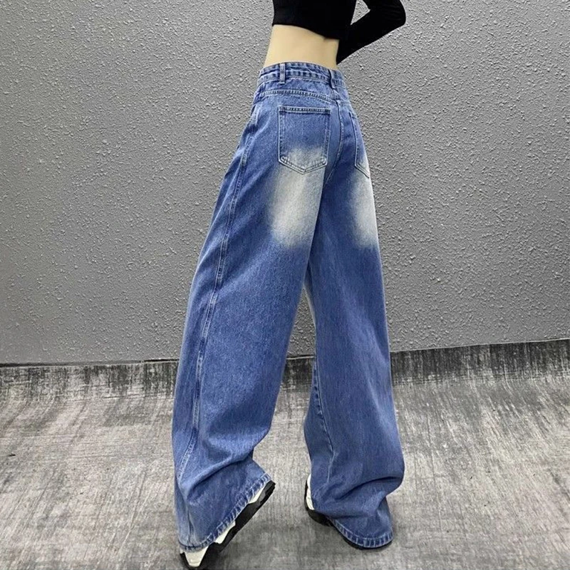 Blue Patchwork Denim Pants For Women Washed Loose All-matched Fashion Jean Trousers Daily Out Casual Wide Leg Straight Pants