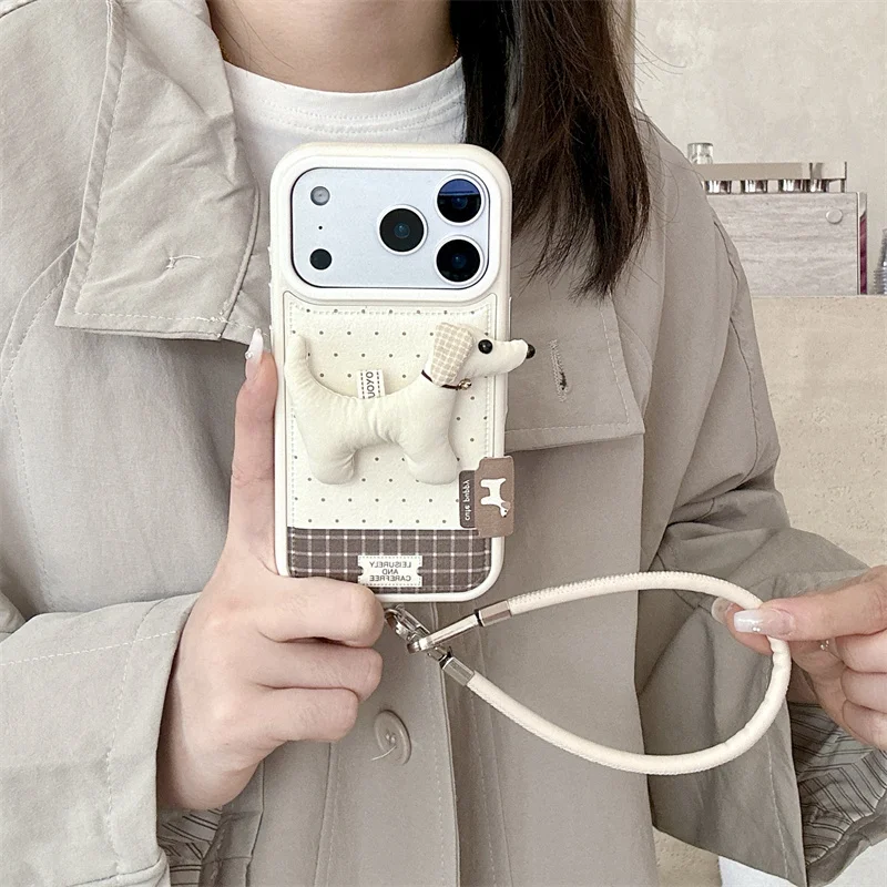 

Kawaii 3D Puppy Polka Dot Leather Phone Case For iPhone 17 Pro 16 14 15 Pro Max Cover with Hand Strap Shockproof Cases Cute Fund