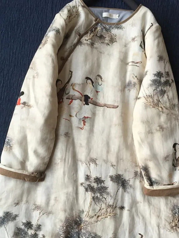 

Retro Chinese Sle Women's Cotton Jaet with Buttoned Design Linen Long Sve Dr Floral Print Thiened Autumn Winter Coat