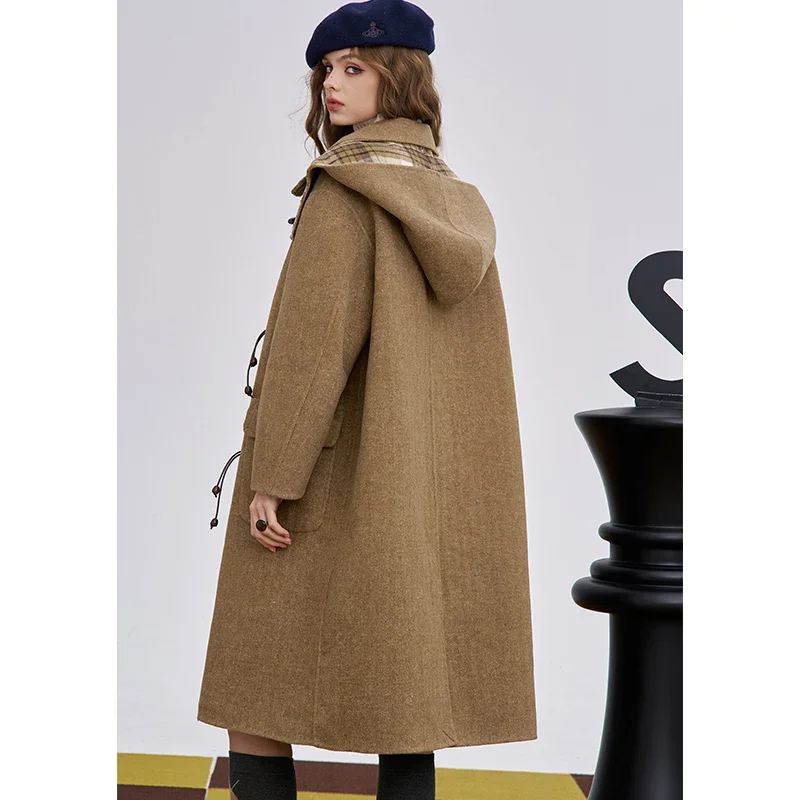 ELFSACK Casual Loose Striped Lining Toggle Wool Blend Coat For Woman