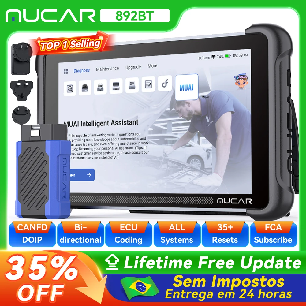 Programação de chaves MUCAR 892BT com ferramenta de diagnóstico automotivo TKEY 101, scanner OBD2 bidirecional, codificação de ECU, CANFD DOIP, 35 resets, atualização gratuita vitalícia do sistema.