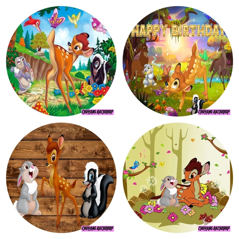 Cartoon Bambi Deer Round Backdrop Cover Newborn Baby Girl Boy 1st Birthday Shower Party Elastic Circle Photo Background Cloth