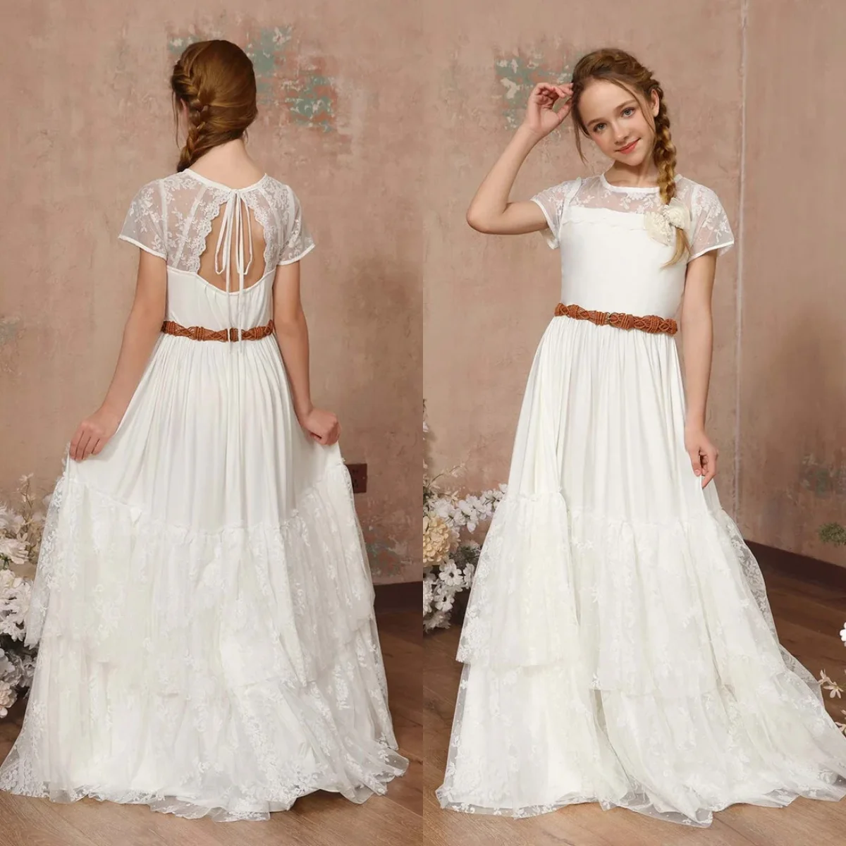 

Bohemian Lace Flower Girl Dresses Customized Boho Vintage Little Princess Kids Birthday Party Dresses Holy First Communion Dress