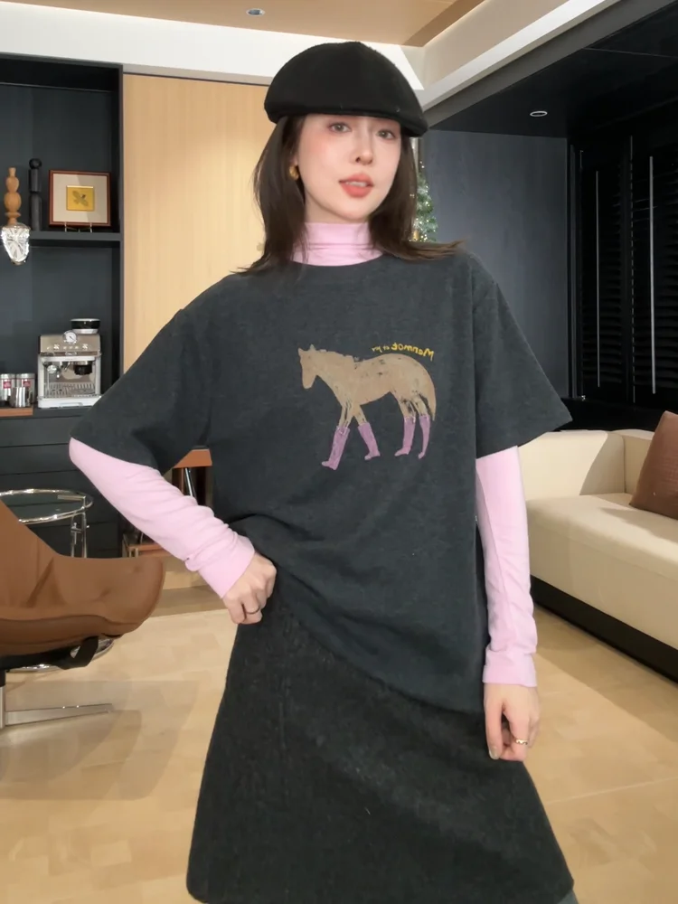 

Jaajaaa ретро-дизайн с принтом, двусторонняя длинная бархатная хлопковая женская футболка ort Sve, удобный дышащий повседневный топ