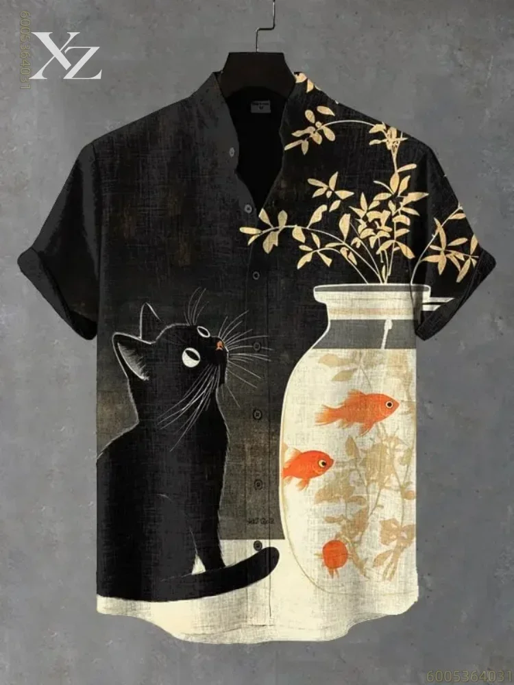 Men's Cat Print Short Sleeve Shirt Ink Ancient Style Retro Trendy Loose Casual Comfortable