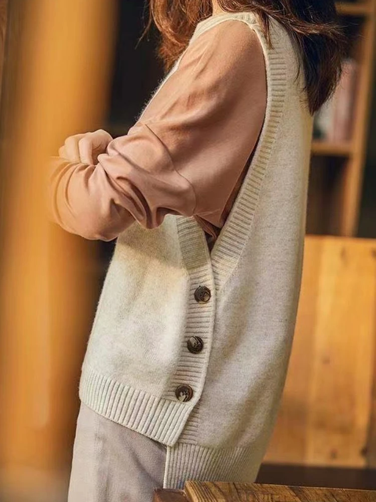 Sweater Cardigan O-neck Sleeveless  Women Autumn Winter Top Solid Sweater Knitted Vest Commuter Style Clothes Preppy Look 2023