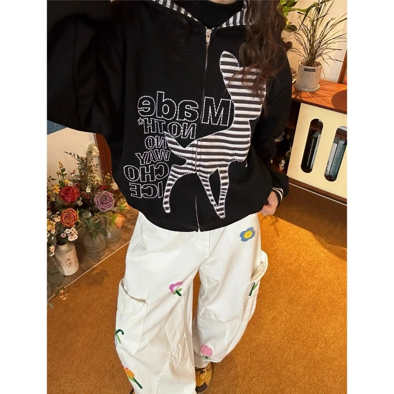 Deeptown American Retro Cartoon Hoodies Women Black Harajuku Y2k Zip Up Coats Kawaii Oversized Casual Embroidery Sweatshirts