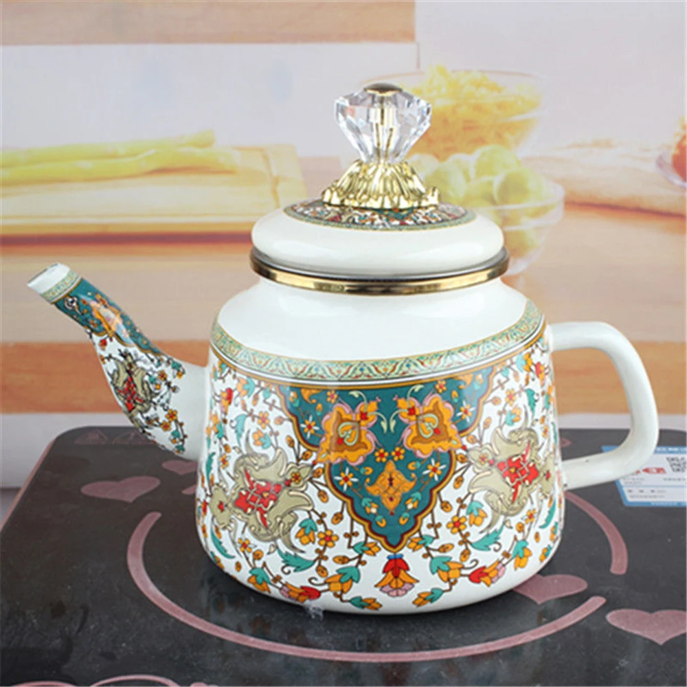 Chinese ethnic style porcelain enamel milk tea pot, Household enamel tea kettle, Induction cooker boiling water kettle, 1.2L