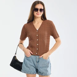 Summer Thin Cardigan for Women Solid Cropped Cardigans Button V Neck Short Sleeve Knitted Tops Brown Slim Sweater Spring 2024