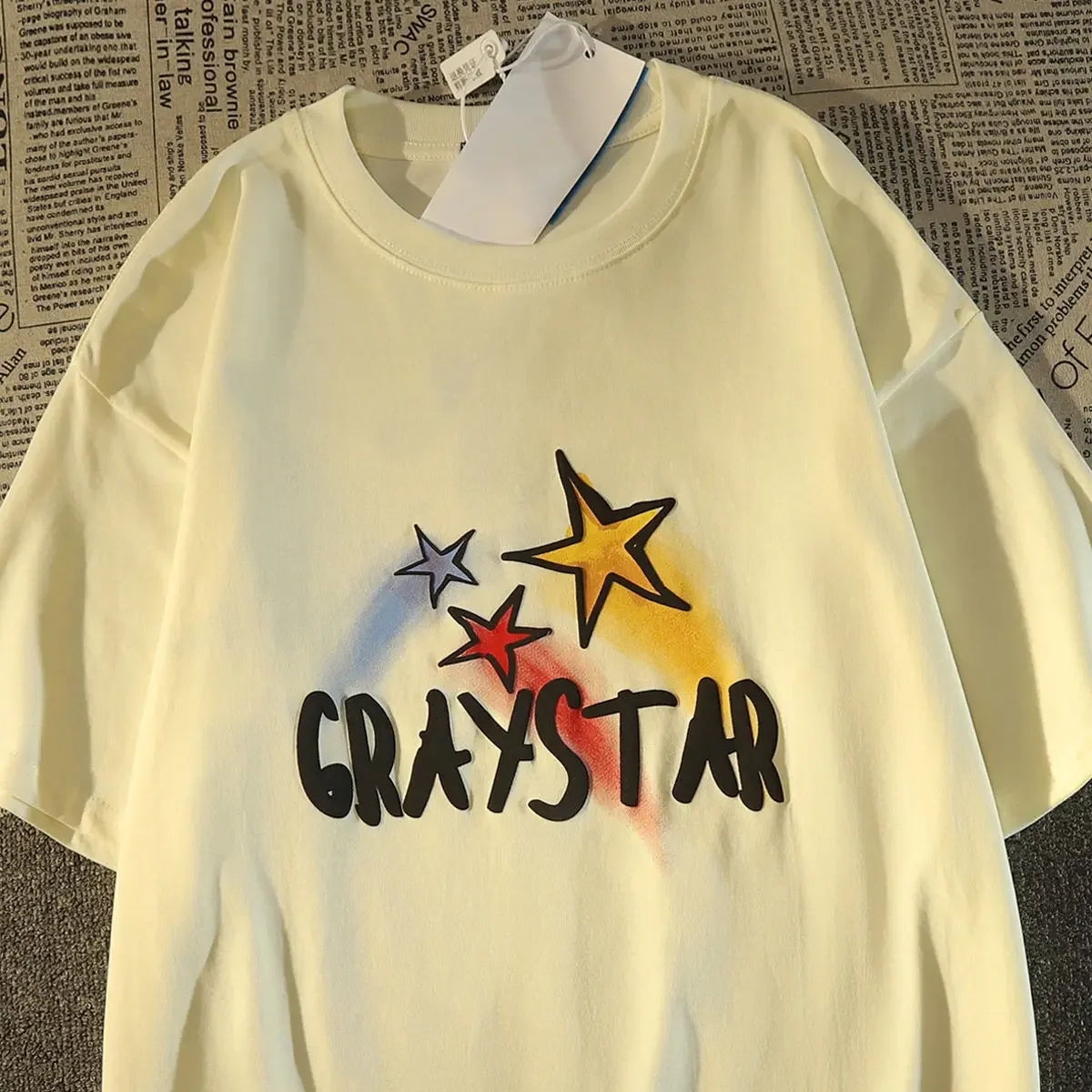 American retro star shaped graphic T-shirt printed short sleeved men and women loose fitting casual trend couple top harajuku