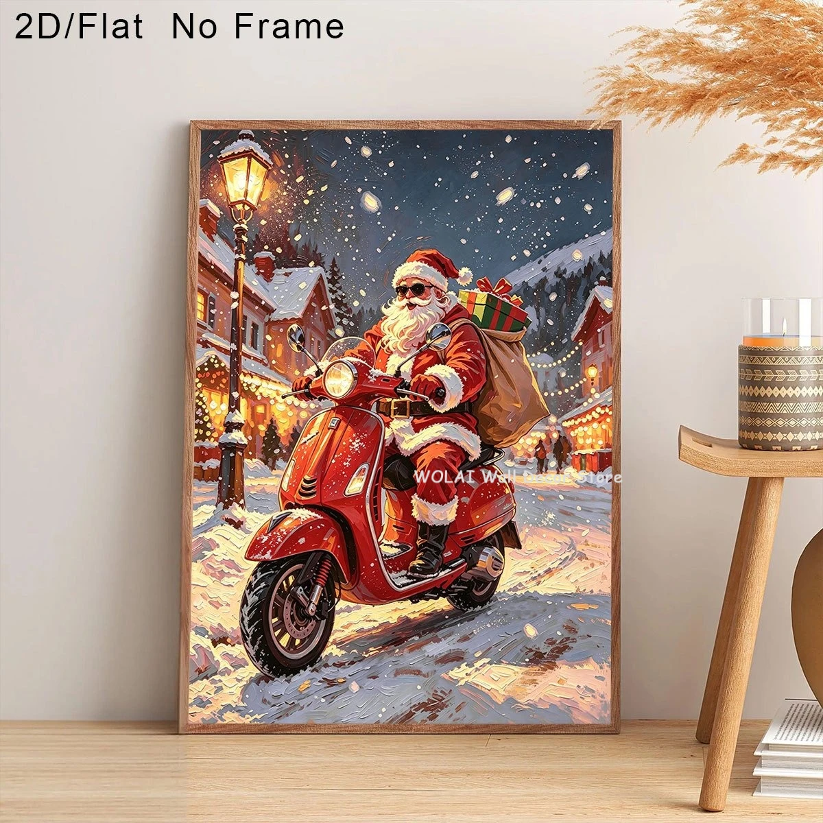 Funny Santa Claus Mona Lisa Snow Scene Christmas Tree Canvas Print Reindeer Gingerbread Man Wall Art Poster for Home Decor Gifts