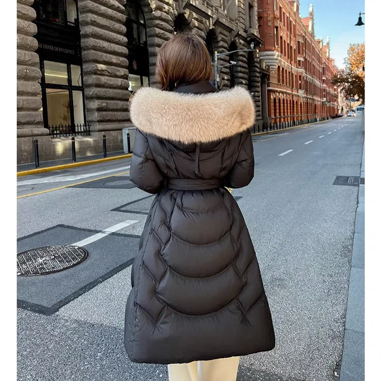 여성용 롱 다운 코트 폭스 퍼 칼라 패션 슬림 따뜻한 화이트 덕 페더 재킷