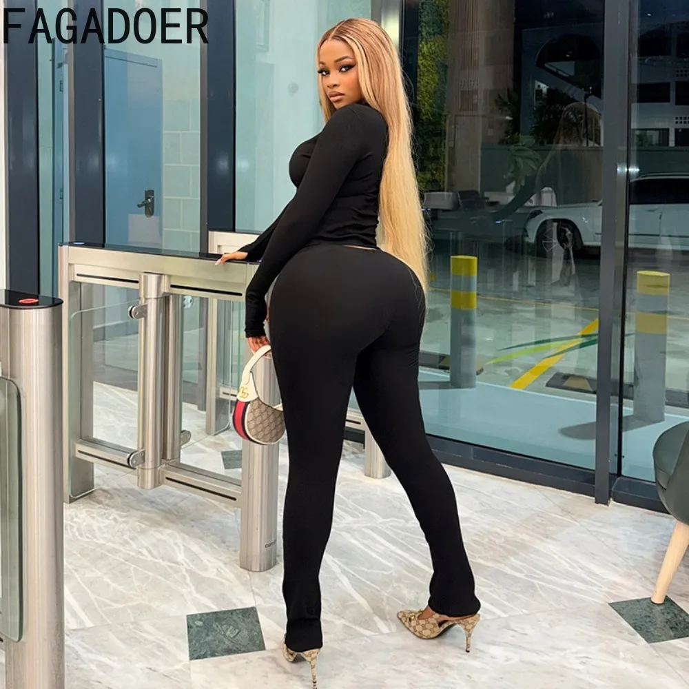 ملابس نسائية مثيرة مفرغة مكونة من قطعتين من FAGADOER بلون سادة وأكمام طويلة بلوزات وسراويل متطابقة مع ملابس الشارع النسائية