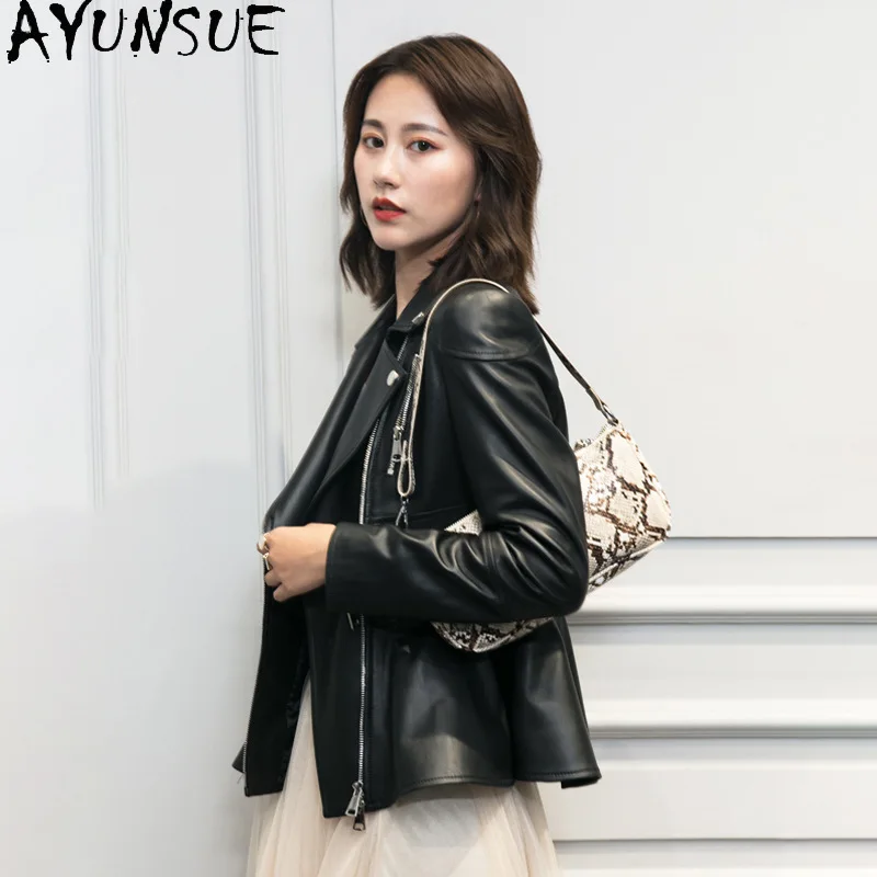 سترة من الجلد الطبيعي من جلد الغنم الطبيعي من AYUNSUE للسيدات 2025 سترات نسائية بتصميم قصير ملابس ربيع الخريف ملابس كوسهوها Жеenca