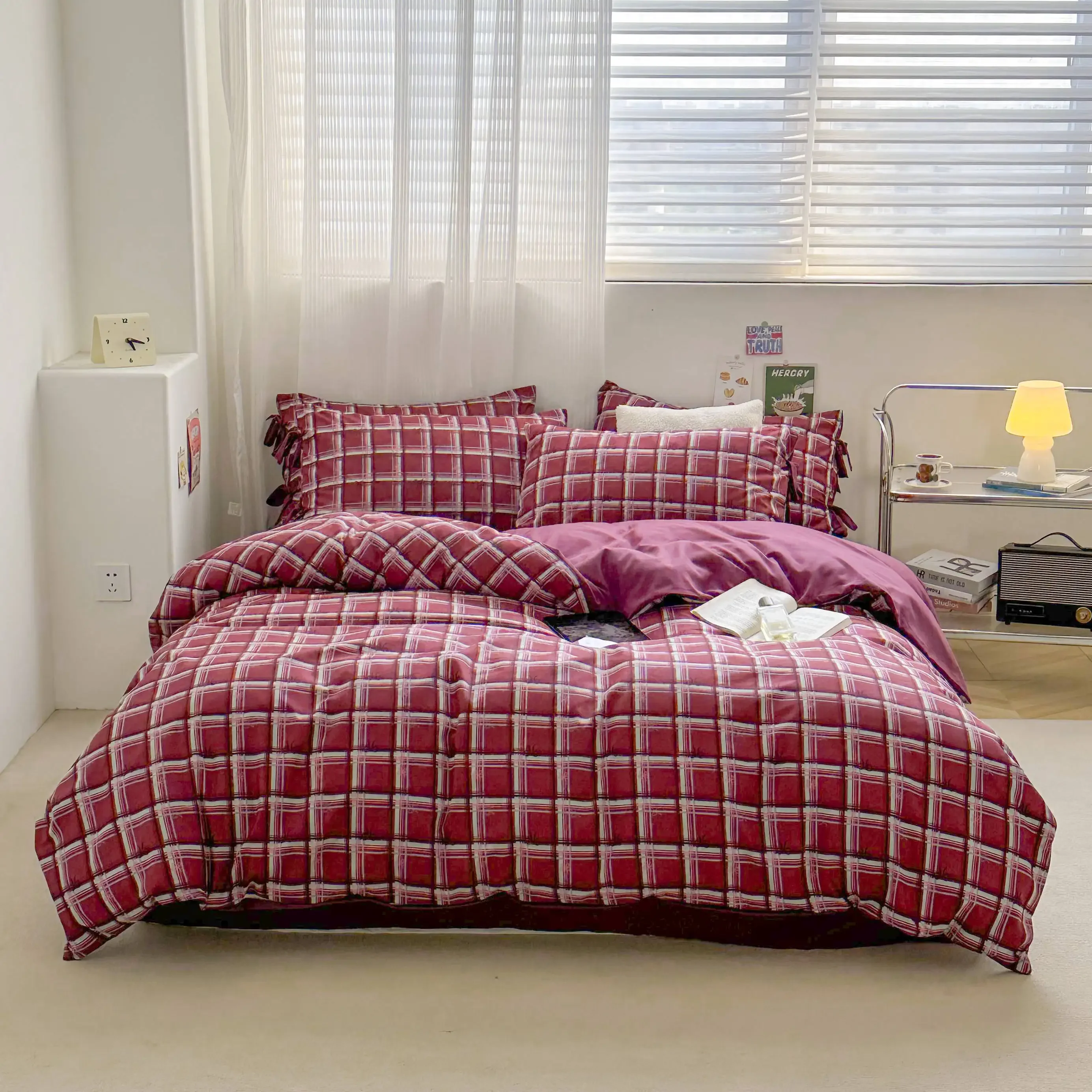 4pcs Red Plaid Duvet Cover Set, Striped Bedding with Sheet, Pillowcase Ribbon Design, Kids Adult Bedroom Queen Comforter Cover