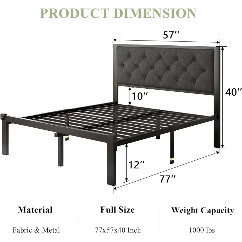 Full Size Metal , Heavy-Duty Platform Bed Frame With Linen Upholstered Headboard, 12