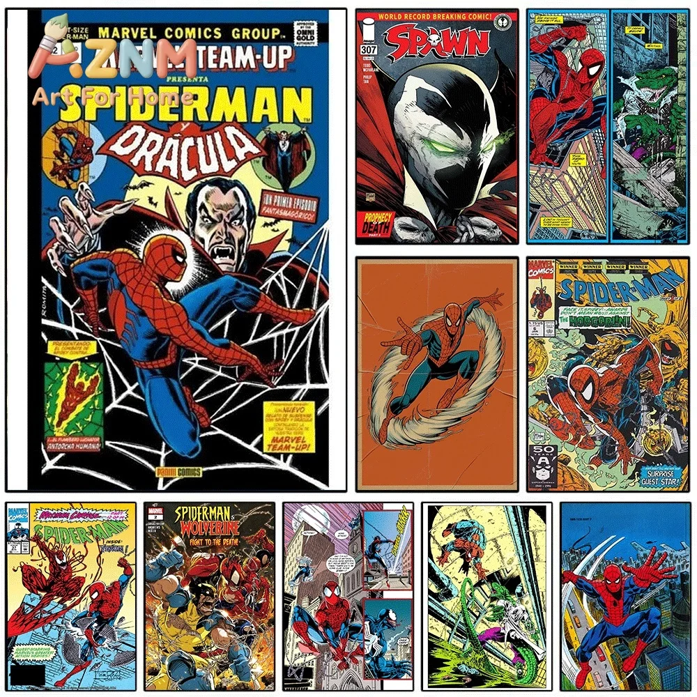 Spider Man Dracula Spawn Wolverine Vintage Comic Canvas Wall Art Unframed Single Canvas Print Superhero Poster Home Bedroom Li