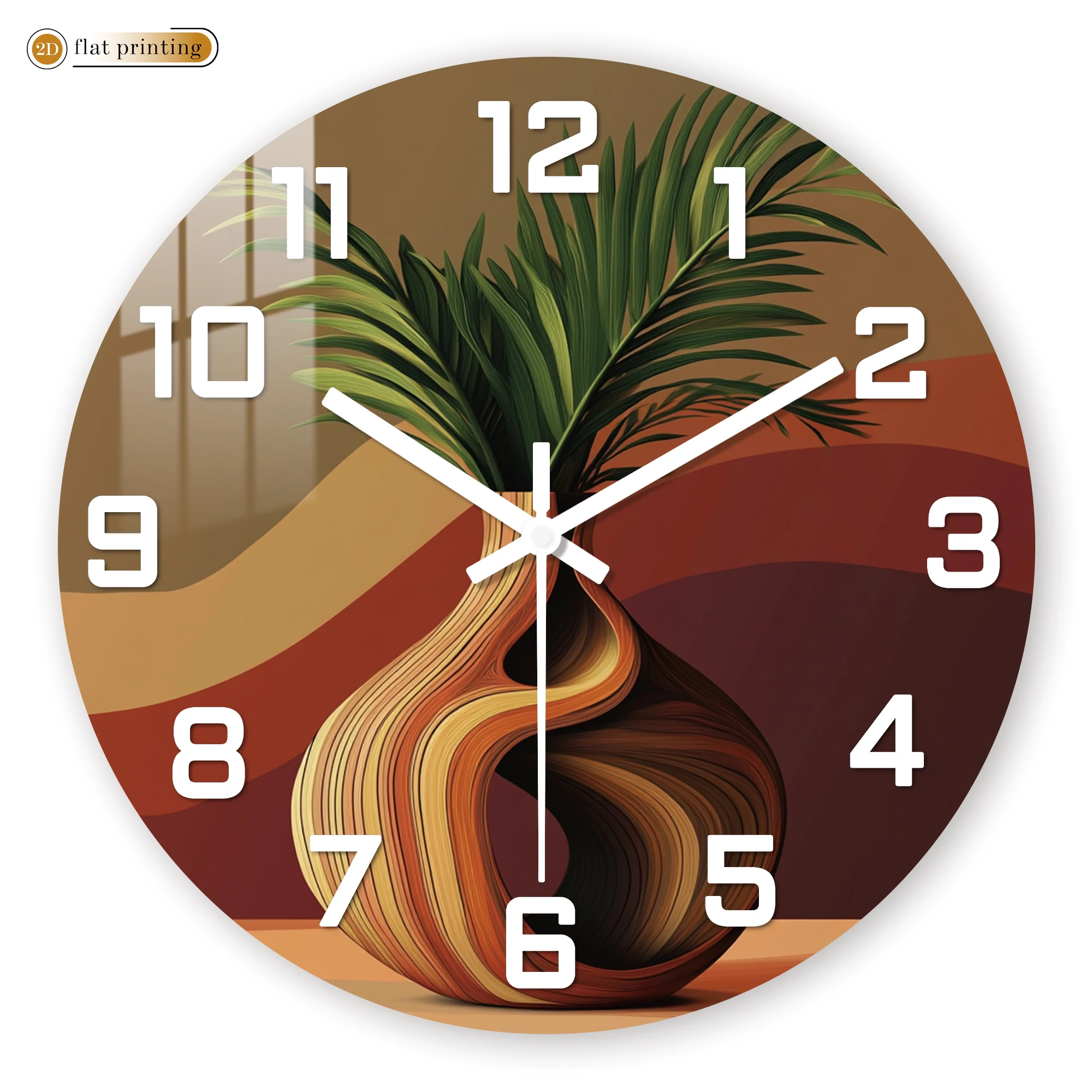 Abstrakte gedrehte Vase mit grüner Pflanzen-Wanduhr, moderne Innendekoration, geräuschloses dekoratives Design mit Quarzwerk