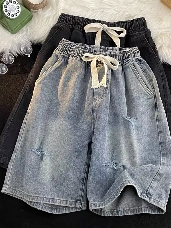 

Blue Ripped Denim Shorts Women's Summer Thin Fashion Casual American Retro Small Size Big Toddler Drapey Mid-Pants High Waist
