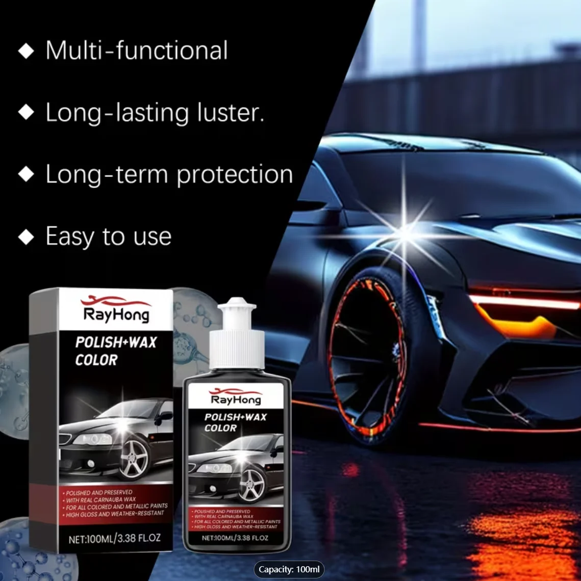 RayHong Polish + Wax Color, 100ml - Carnauba Wax Car Polish for All Colored & Metallic Paints, High Gloss & Weather Resistant