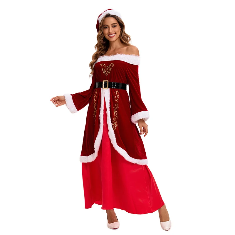 Christmas Santa Claus Cosplay Costume Adult Women Dress Hat Suit Man Role Play Outfit Uniform Xmas Full Set