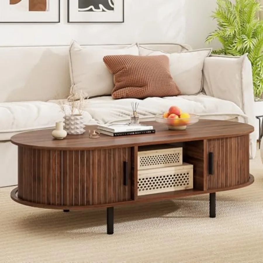 

Овальный журнальный столик с местом для хранения 48 центральных столов середины века с раздвижными рифлеными дверцами с открытым отделением и металлическими ножками MidCentury Mo