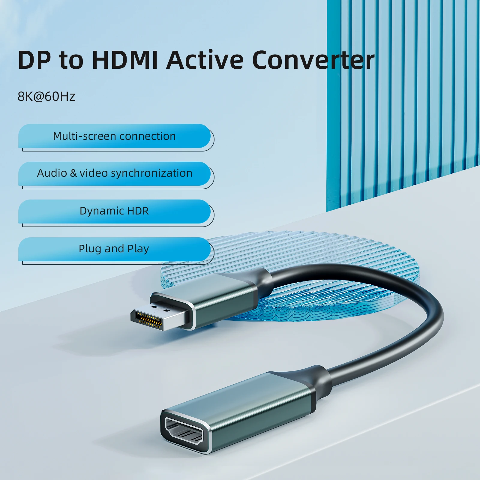 محول DisplayPort النشط إلى HDMI 8K/60 4K/144، مضفر، للكمبيوتر الشخصي والكمبيوتر المحمول وسطح المكتب وحدة معالجة الرسومات Nvidia وAMD، يدعم Eyefinity