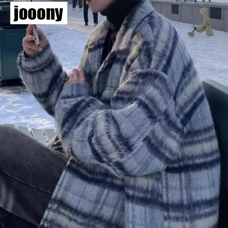 

Новинка 2024: Мужское твидовое шерстяное пальто в японском стиле Харадзюку, винтажное, свободного кроя, утепленное, в клетку, для осенне-зимнего сезона, базовая модель