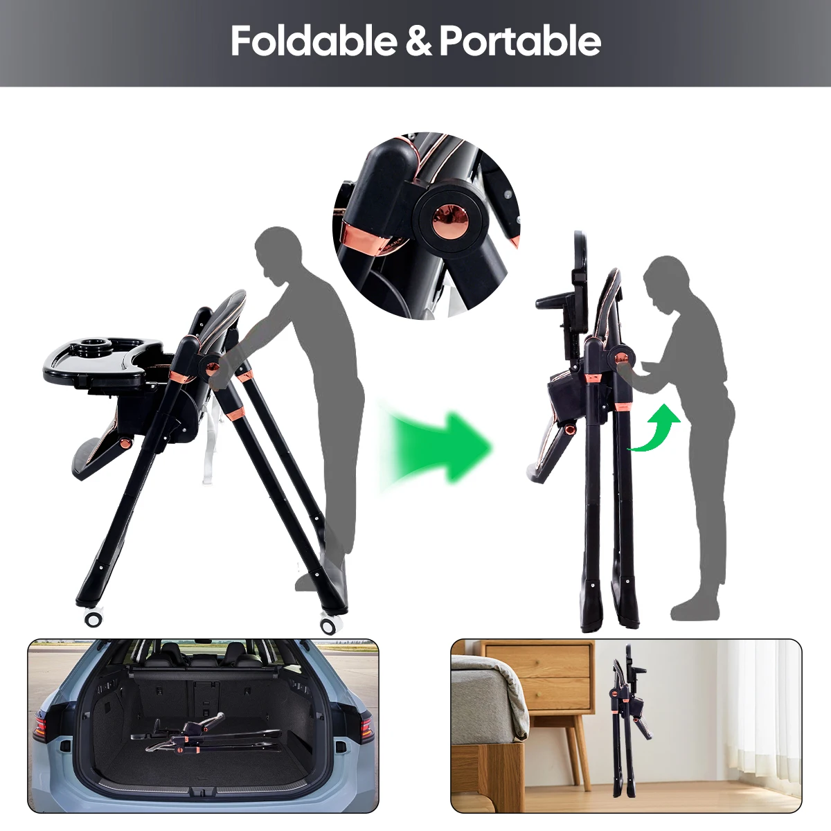 Kinderstoel, opvouwbare kinderstoel, verstelbare zitting, geschikt voor meer dan 6 maanden, met wielen, Thanksgiving cadeau