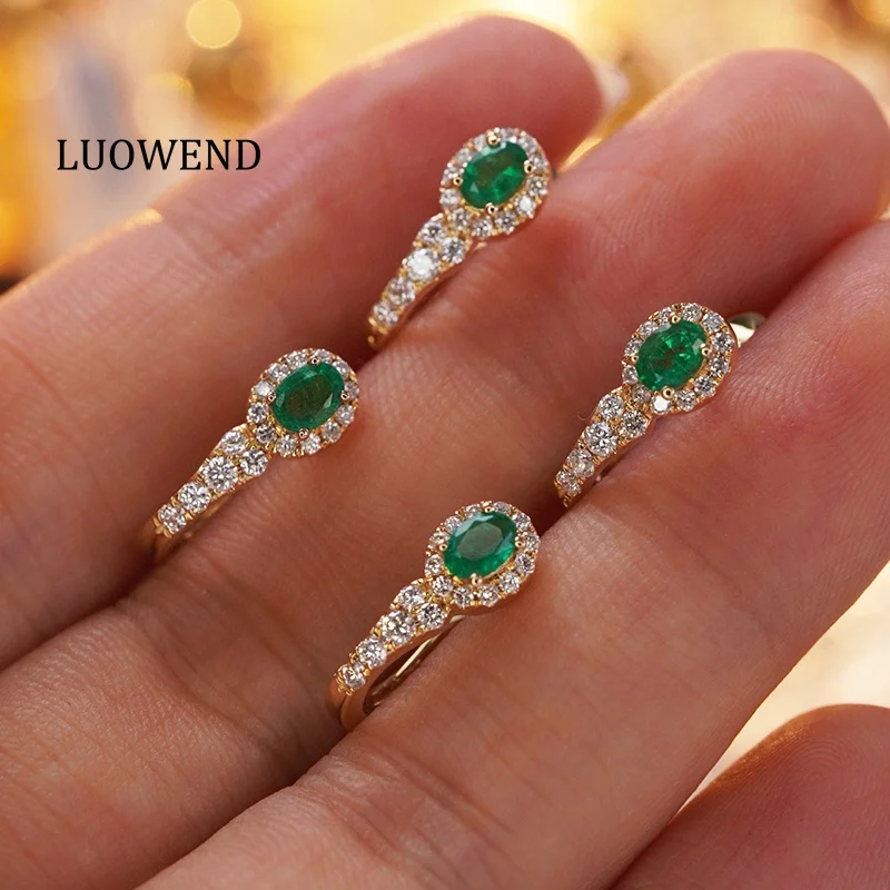 LUOWEND 18K Yellow Gold Earrings Vintage Elegant Style Shiny Diamond Natural Emerald Hoop Earrings for Women Wedding Jewelry