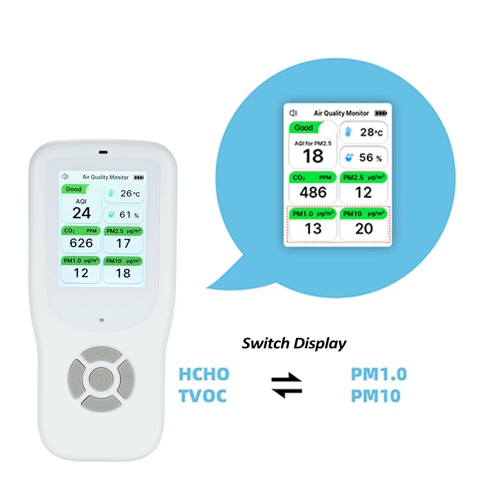 

9-in-1 Air Quality Monitor Indoor Handheld AQI/CO₂/PM2.5 Humidity Detector Real Time Monitoring Intelligent Alert Home Air Test