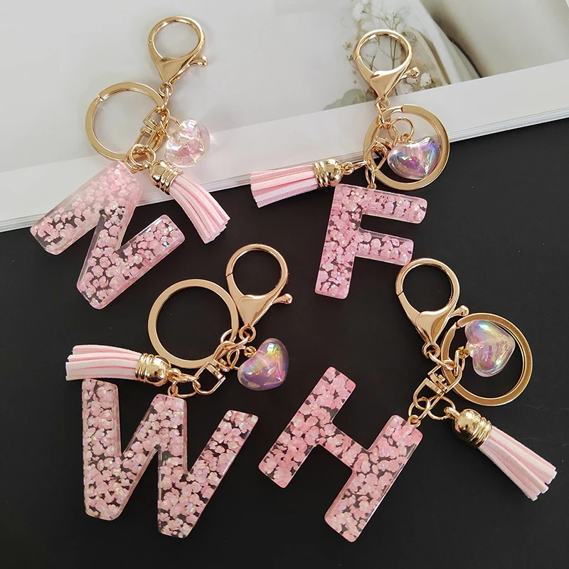 Pink A-Z Shiny Sequin Letter Pendant Keychain Tassel Star Ball Charms Keyrings Women Bag Ornaments Car Trinket Accessories