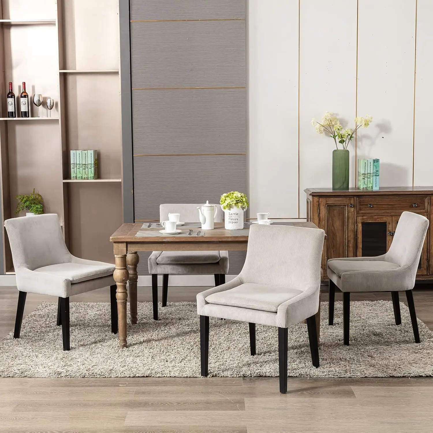 

Upholstered Dining Chairs Set of 4, Mid-Back Kitchen Room Chair with Wood Legs, Corduroy Padded Dining Side Chairs for Dining Ro