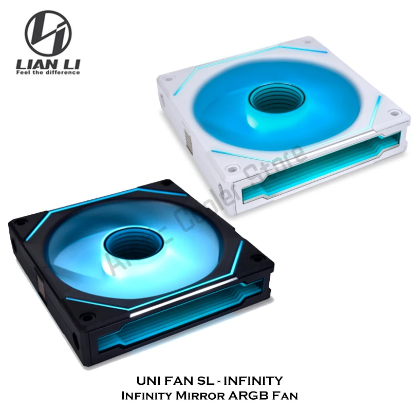 UNI FAN SL-INFINITY LIAN LI UNI Fan SL Infinity 140، مروحة مرآة Daisy Chain ARGB 14 سم، نظام L-Connect 3.0، لون أسود/أبيض