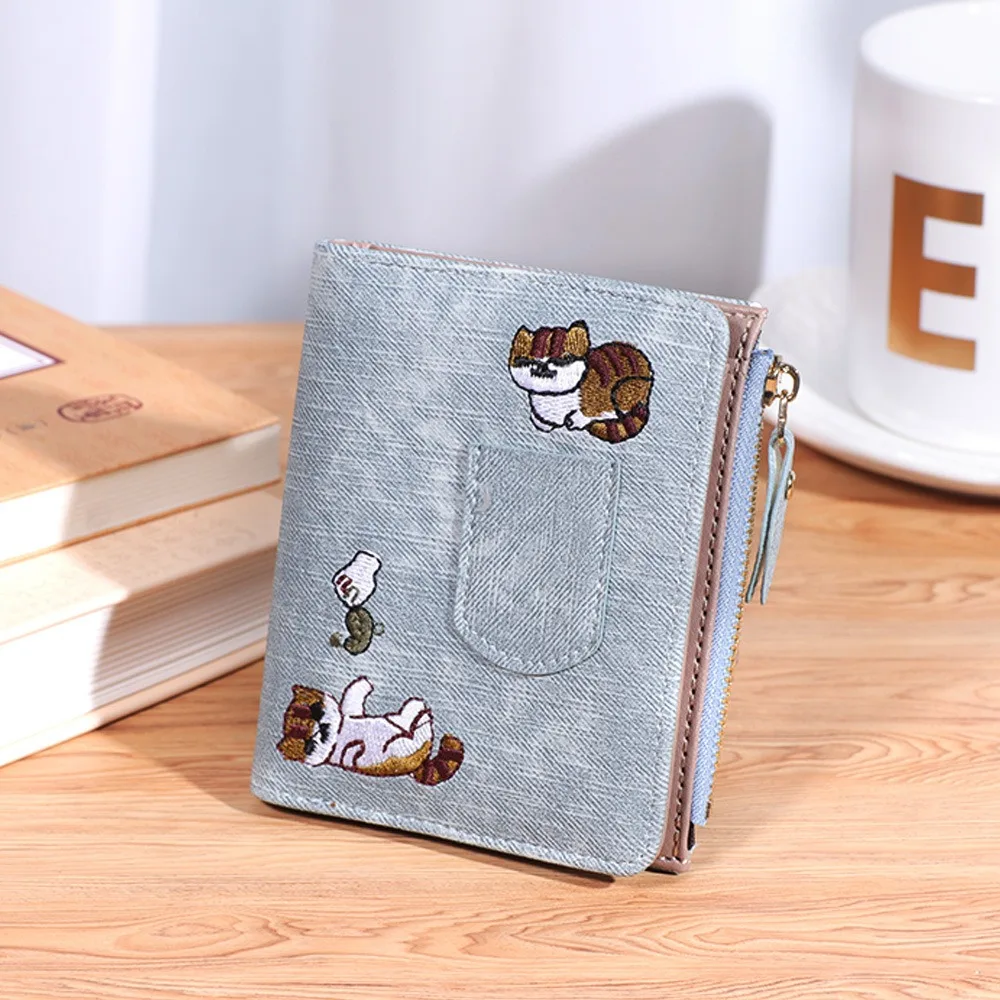 

Korean Style Embroidered Cat Wallet Purse Short Clutch Coin Pouch Zipper Ultra Thin PU Leather Card Holder Outdoor